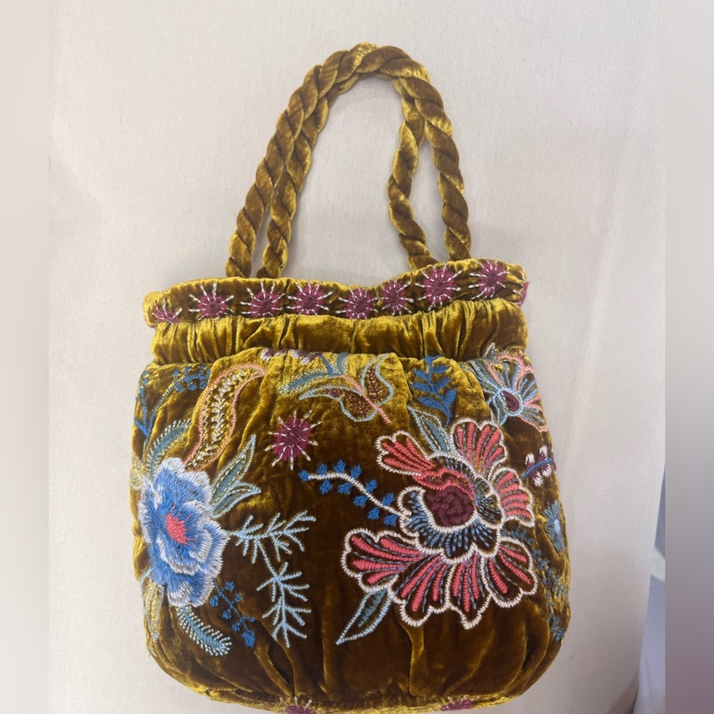 Embroidered Johnny Was Velvet Tote Bag - Gold and Multicolor